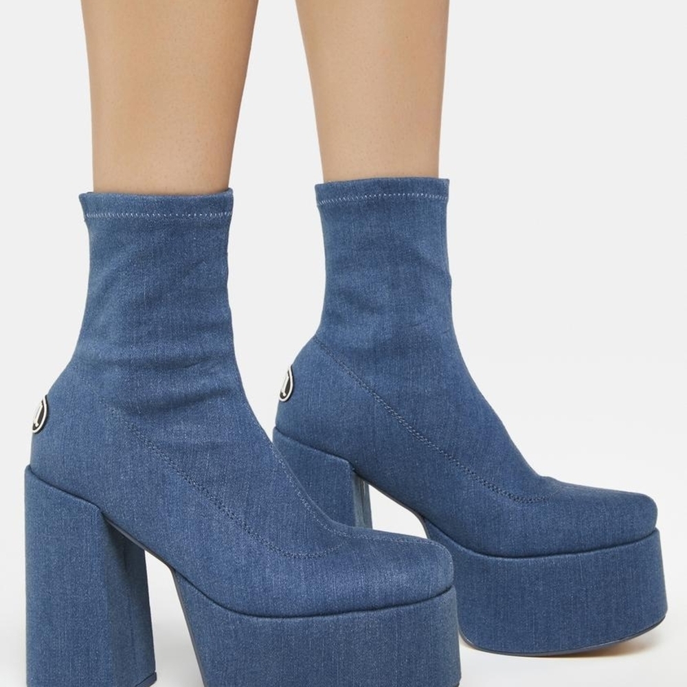 AZALEA WANG "Runway Rebel" Denim Blue Platform Sock Boots with Chunky Heel - Picture 3 of 6